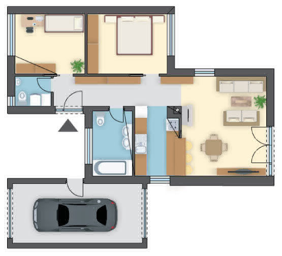 Projekt domu z jednostanowiskowym garażem, 2 sypialnie