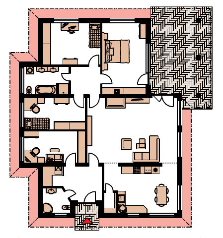Rozkład pomieszczeń w domu parterowym, 3 sypialnie, gabinet i 2 łazienki
