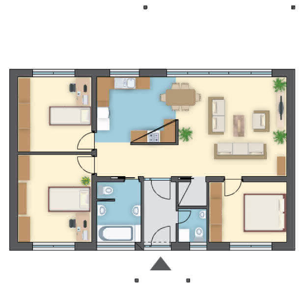 Projekt domu na długą i wąską działkę dla rodziny 2+2, 3 sypialnie i 2-st. garaż