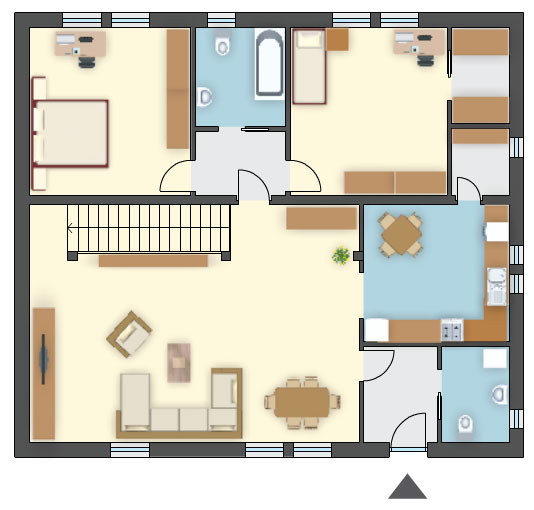 Projekt domu na spadzistą działkę, 2-stan. garaż, 3 sypialnie i kuchnia ze spiżarką 16 m²