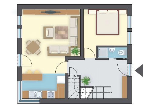 Balkon w domu drewnianym, salon o pow. 21 m², otwarta kuchnia 7 m² i 4 sypialnie