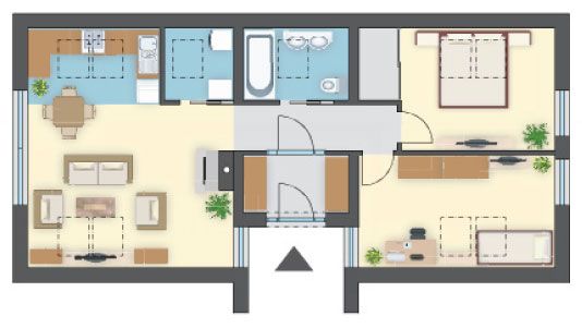 Dom na wąską działkę, parterowy z dwiema sypialniami po 15 m², otwarta kuchnia 7 m²