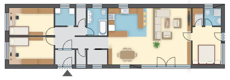 Elewacja z szarej cegły klinkierowej, dom na wąską działkę, 3 sypialnie o pow. 12 m²