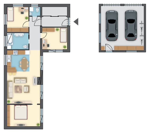 Projekt garażu i części mieszkalnej z płaskim dachem, 3 sypialnie