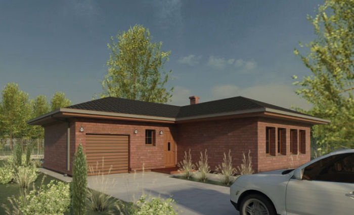 Projekt domu o nowoczesnych detalach z drewna, garaż i 3 sypialnie