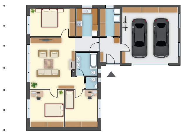 Projekt domu w kształcie litery L z garażem na 2 auta, 3 sypialnie, garderoba i pralnia