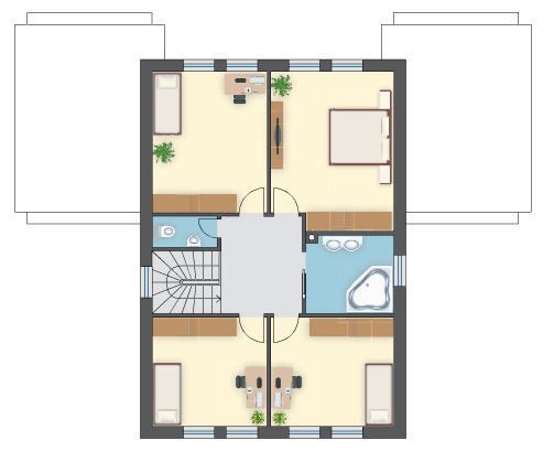 Elewacja drewniana w projekcie domu, 5 sypialni, kuchnia 19 m² i 1-stan. garaż