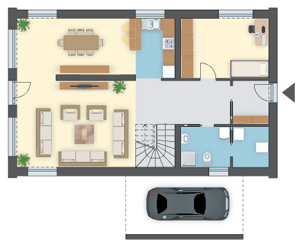 Atrium w projekcie domu, jadalnia bez sufitu, dom z poddaszem i garażem, 4 sypialnie