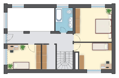 Atrium w projekcie domu, jadalnia bez sufitu, dom z poddaszem i garażem, 4 sypialnie
