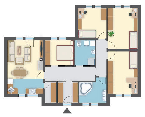 Prosta konstrukcja domu parterowego, funkcjonalny, 4 sypialnie i 2 łazienki
