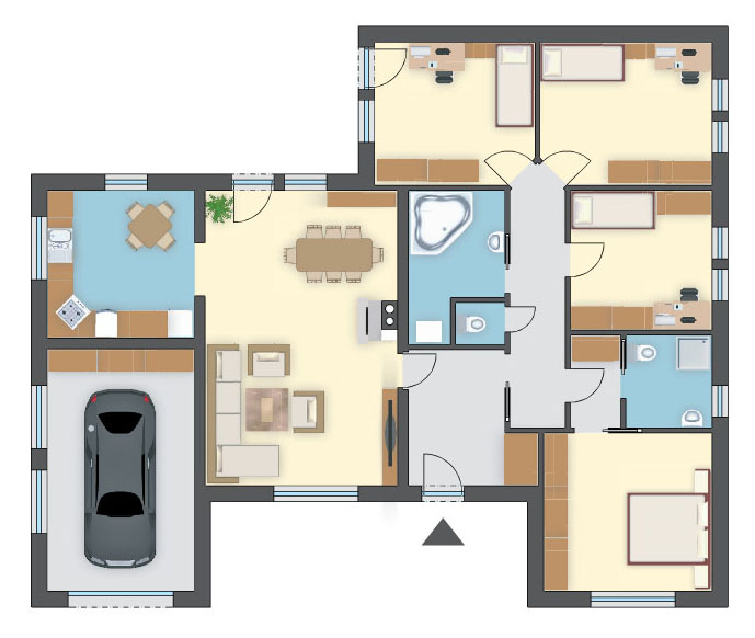 Nowoczesny projekt dla dużej 5-6-os. rodziny, 4 sypialnie i 1-st. garaż, parterowy