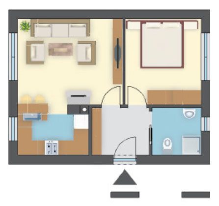 Projekt domu 42,70 m², dla czteroosobowej rodziny, salon z otwartą kuchnią i 1 sypialnia