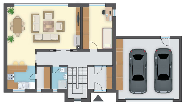 Klatka schodowa w domu, projekt z poddaszem, 4 sypialnie, garaż na 2 auta