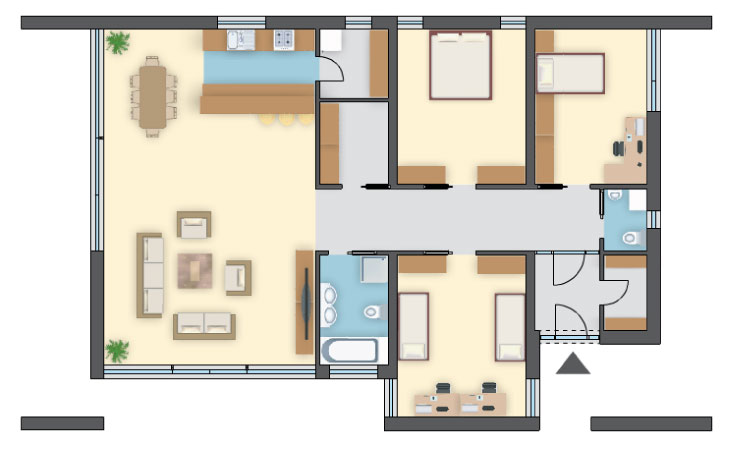 Dom szkieletowy o prostej konstrukcji, 3 sypialnie, kuchnia otwarta na salon i 1 łazienka
