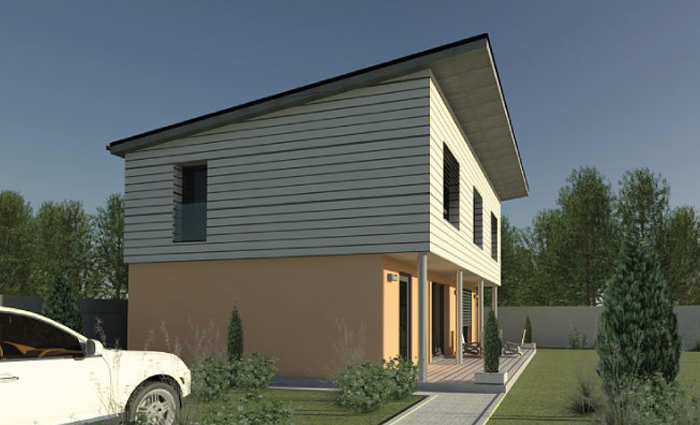 Projekt domu z jednospadowym dachem pulpitowym o niskim nachyleniu połaci, z poddaszem