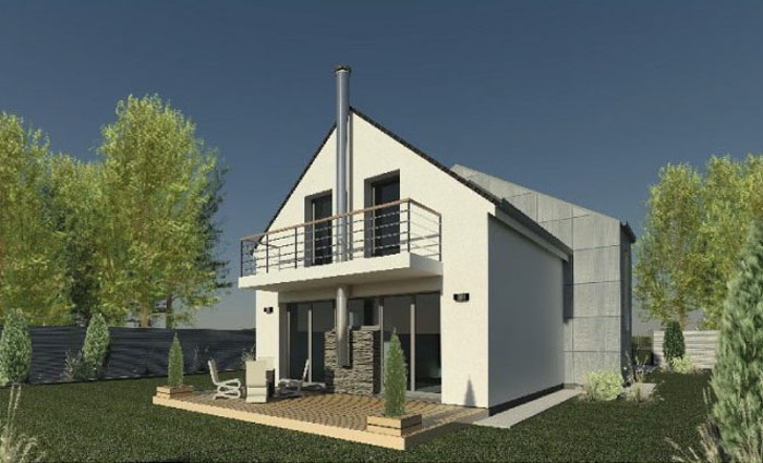 Aluminiowe panele i jasny tynk podkreślają charakter elewacji, projekt domu z pralnią