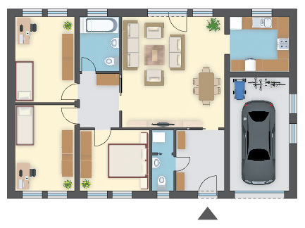 Funkcjonalny dom z garażem, 3 sypialnie po 12 m², salon z wyjściem na taras i pralnia